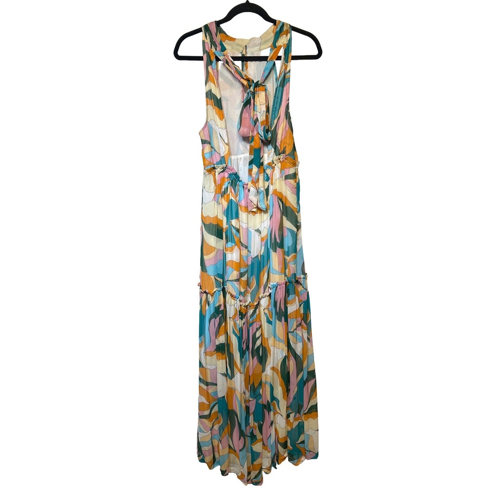 Anthropologie Maeve Tiered Keyhole Maxi Dress Green Blue Abstract Floral Size M - Picture 8 of 11